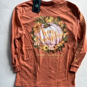 Simply Southern Hey Pumpkin Girls Small Long Sleeve Shirt Orange Fall Floral